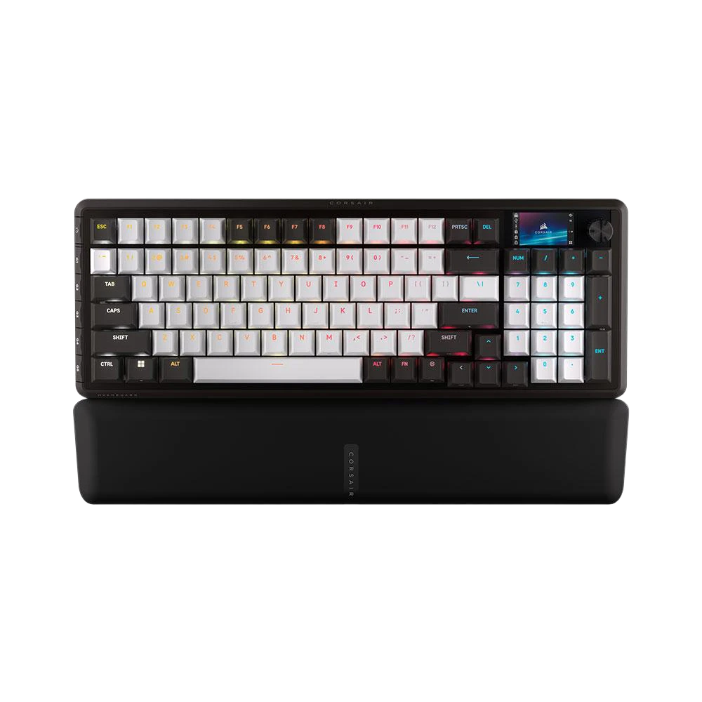 A large main feature product image of Corsair VANGUARD 96 MLX RGB Mechanical Gaming Keyboard - Black/White (MLX Pulse)
