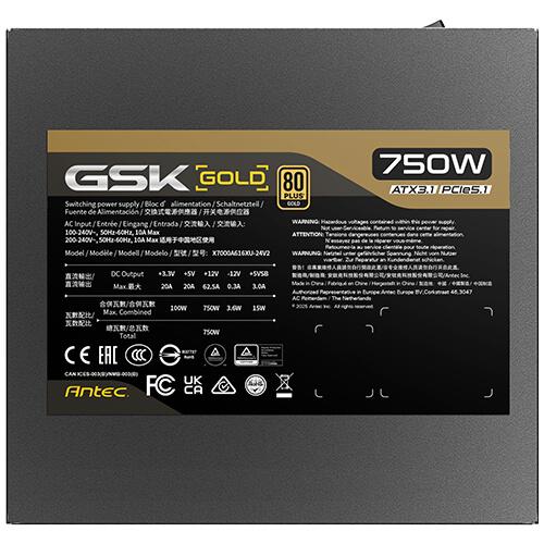 A large main feature product image of Antec GSK750 V2 750W Gold PCIe 5.1 ATX 3.1 Modular PSU