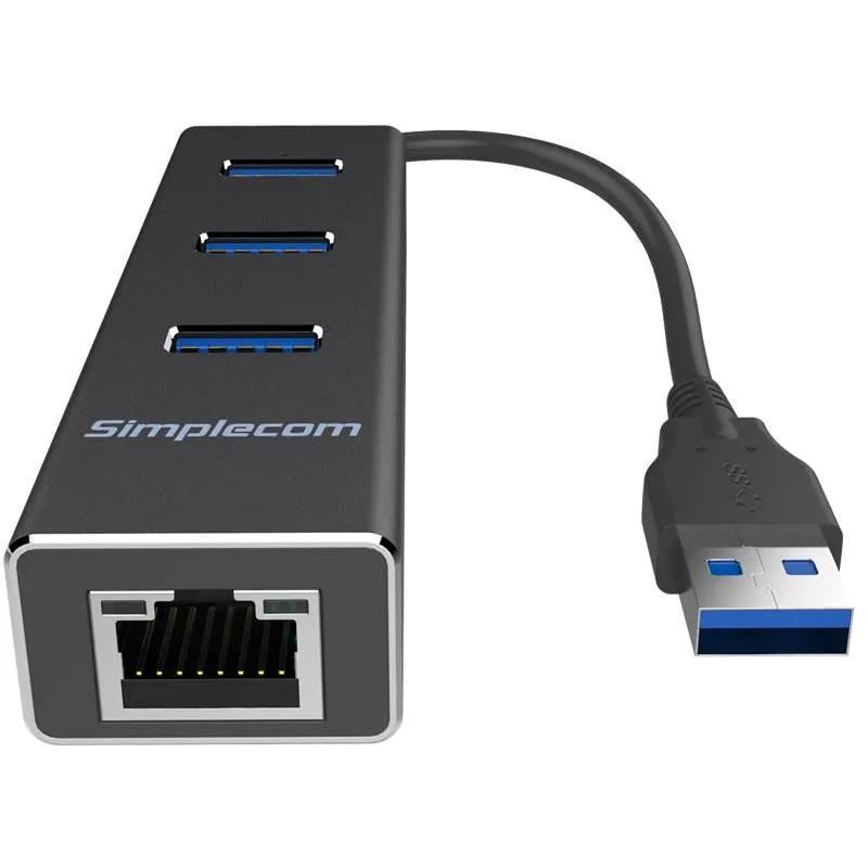 A large main feature product image of Simplecom CHN410 USB-A to 3 Port USB-A HUB w/ Gigabit Ethernet Adapter - Black