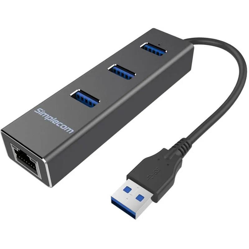 A large main feature product image of Simplecom CHN410 USB-A to 3 Port USB-A HUB w/ Gigabit Ethernet Adapter - Black