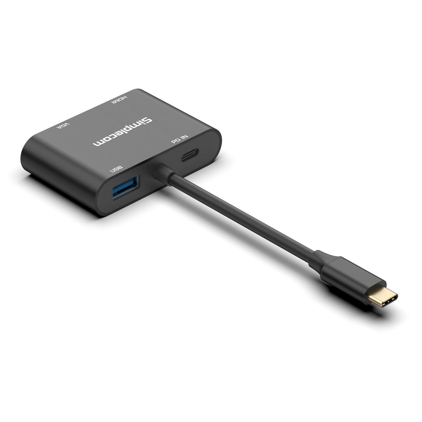 A large main feature product image of Simplecom DA440 4-in-1 USB-C Multiport Adapter with Power Delivery USB 3.0 VGA HDMI