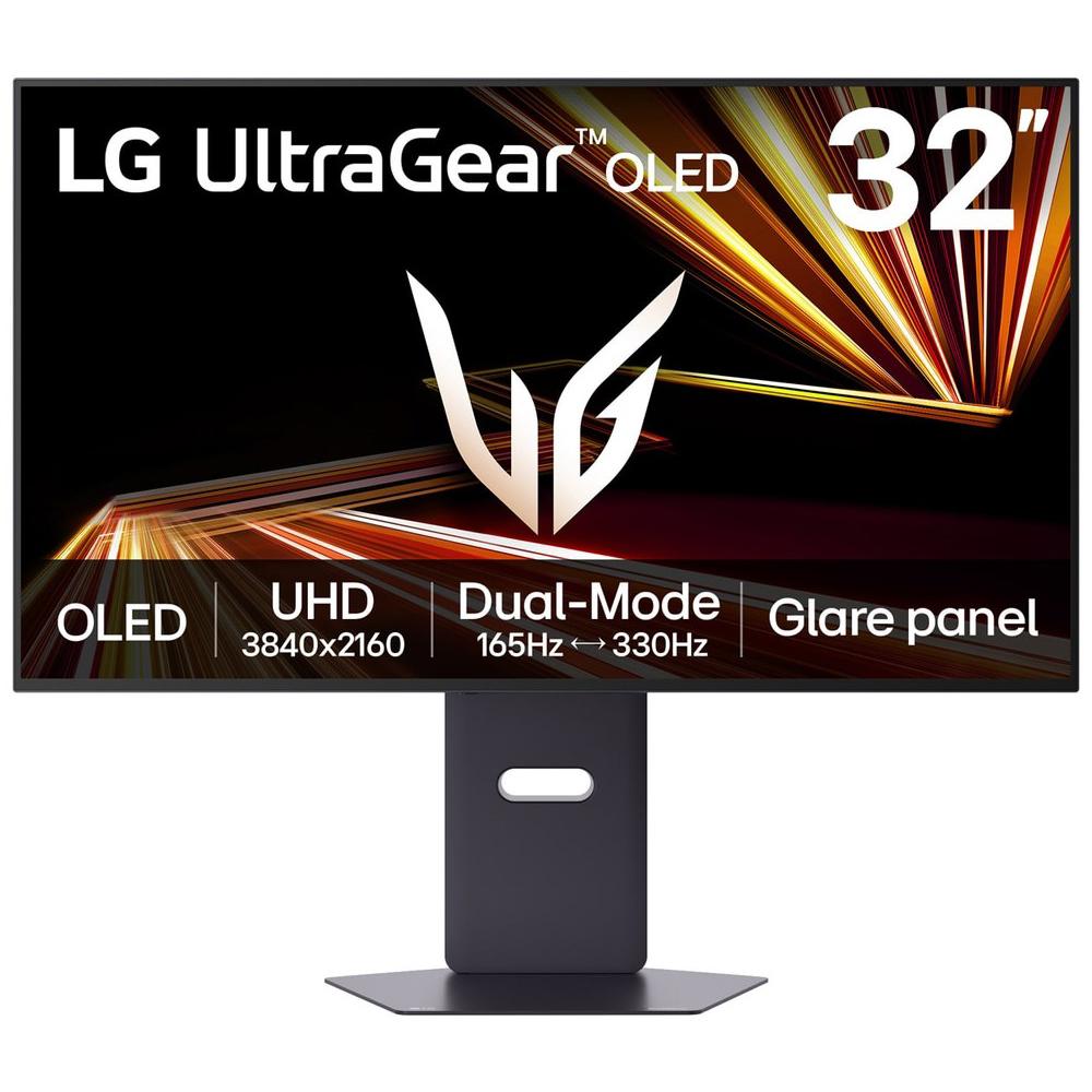 A large main feature product image of LG UltraGear GX8 OLED 32GX850A-B - 32" 4K 2160p 165Hz / 1080p 330Hz 0.03ms Gaming Monitor