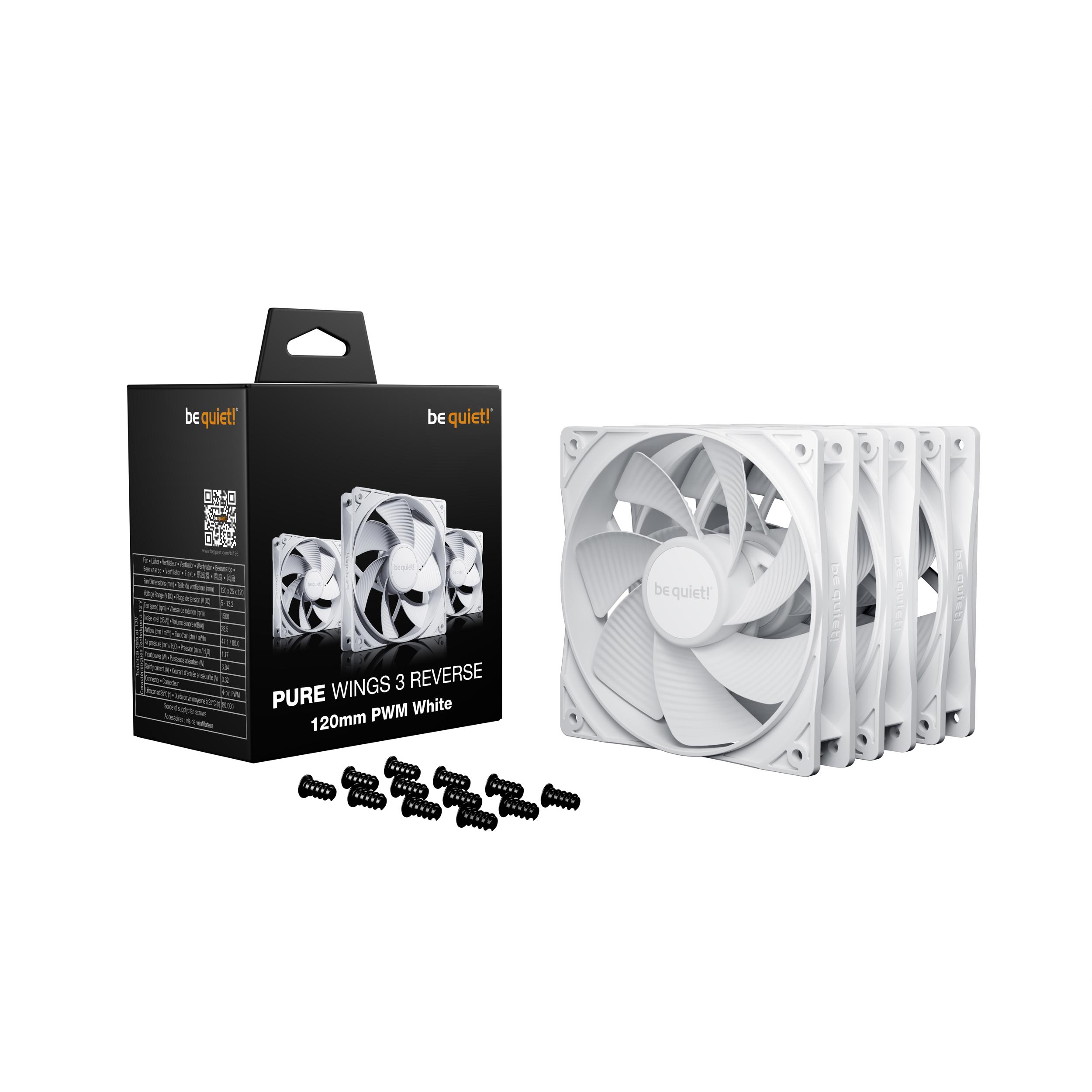 A large main feature product image of be quiet! PURE WINGS 3 120mm Reverse Blade PWM Fan 3-Pack (White)