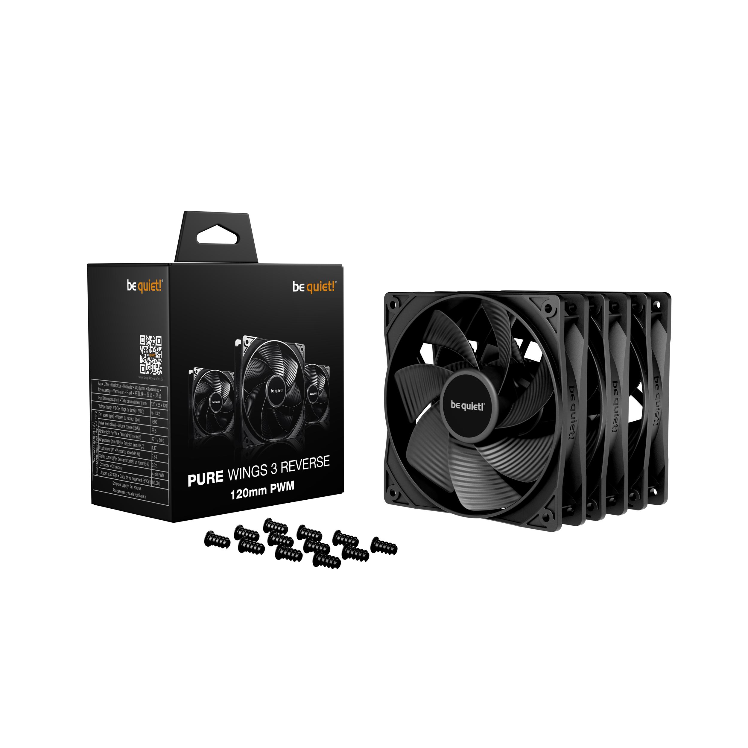 A large main feature product image of be quiet! PURE WINGS 3 120mm Reverse Blade PWM Fan 3-Pack