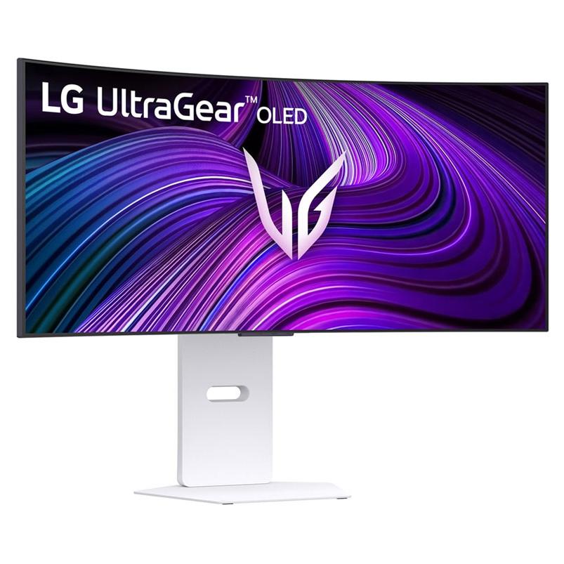 A large main feature product image of LG UltraGear OLED 34GX90SA-W - 34" Curved 1440p Ultrawide 240Hz 0.03ms Gaming Monitor (White)