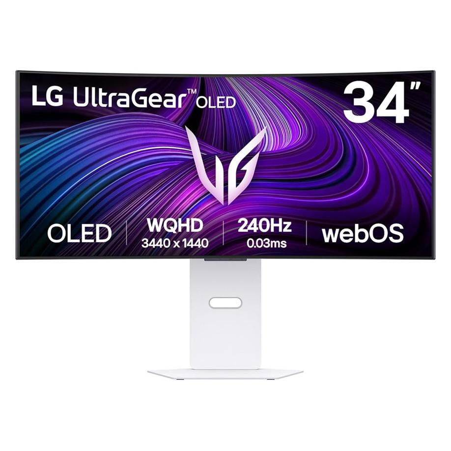 A large main feature product image of LG UltraGear OLED 34GX90SA-W - 34" Curved 1440p Ultrawide 240Hz 0.03ms Gaming Monitor (White)