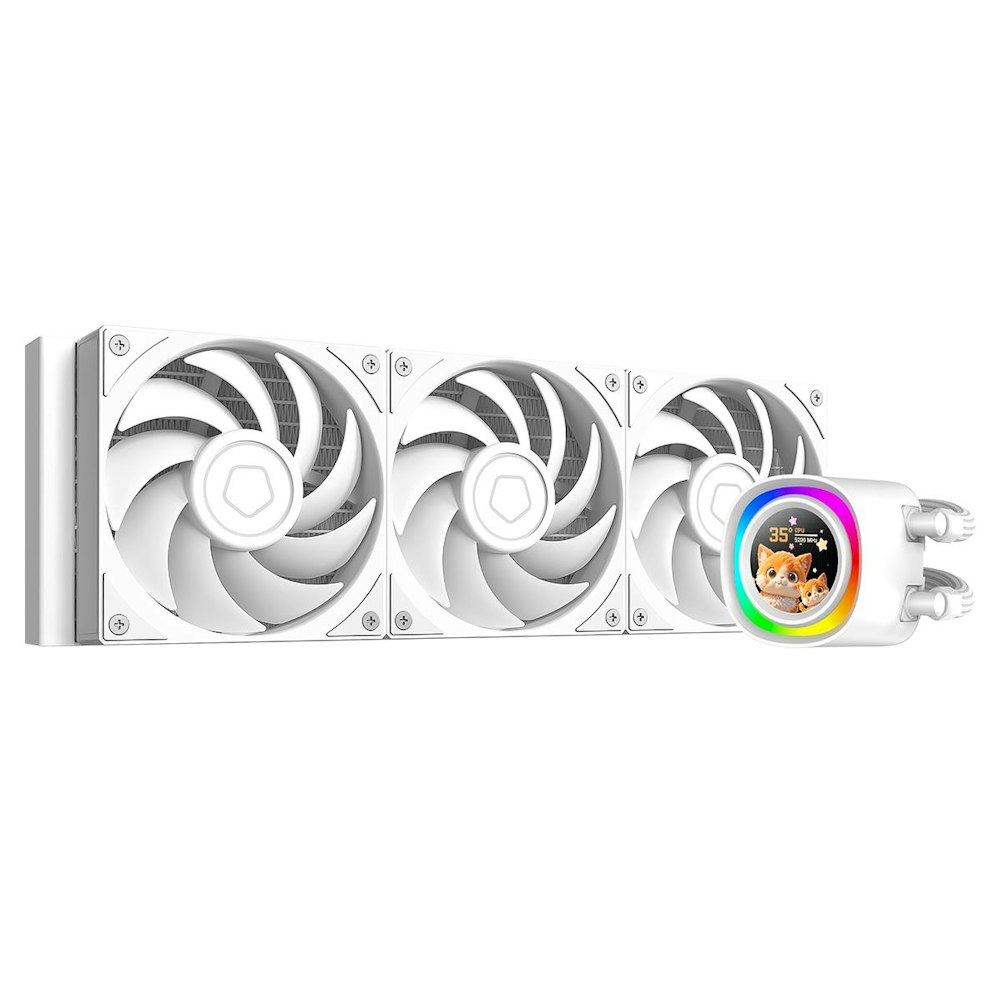 A large main feature product image of ID-COOLING FX360 LCD PE 360mm ARGB AIO Liquid CPU Cooler (White)