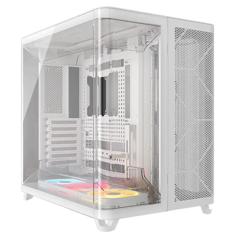A large main feature product image of Corsair AIR 5400 LX-R RGB LINK Triple-Chamber Mid Tower Case (White)