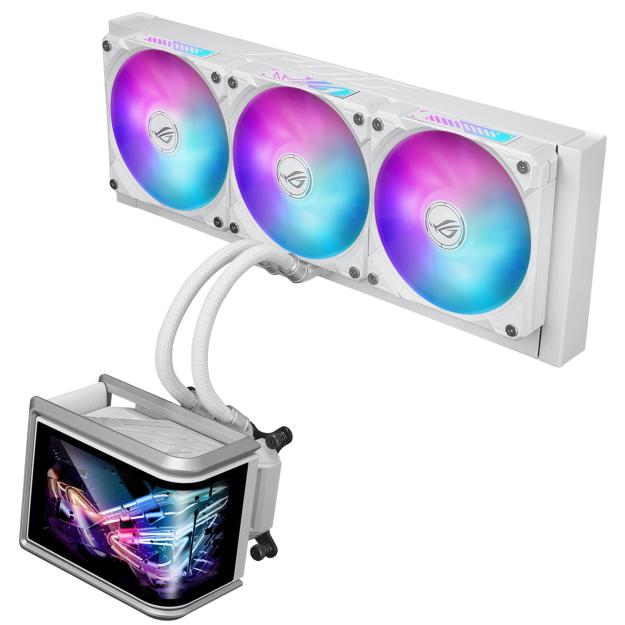 A large main feature product image of ASUS ROG Ryuo IV SLC 360 ARGB 360mm AIO Liquid CPU Cooler - White