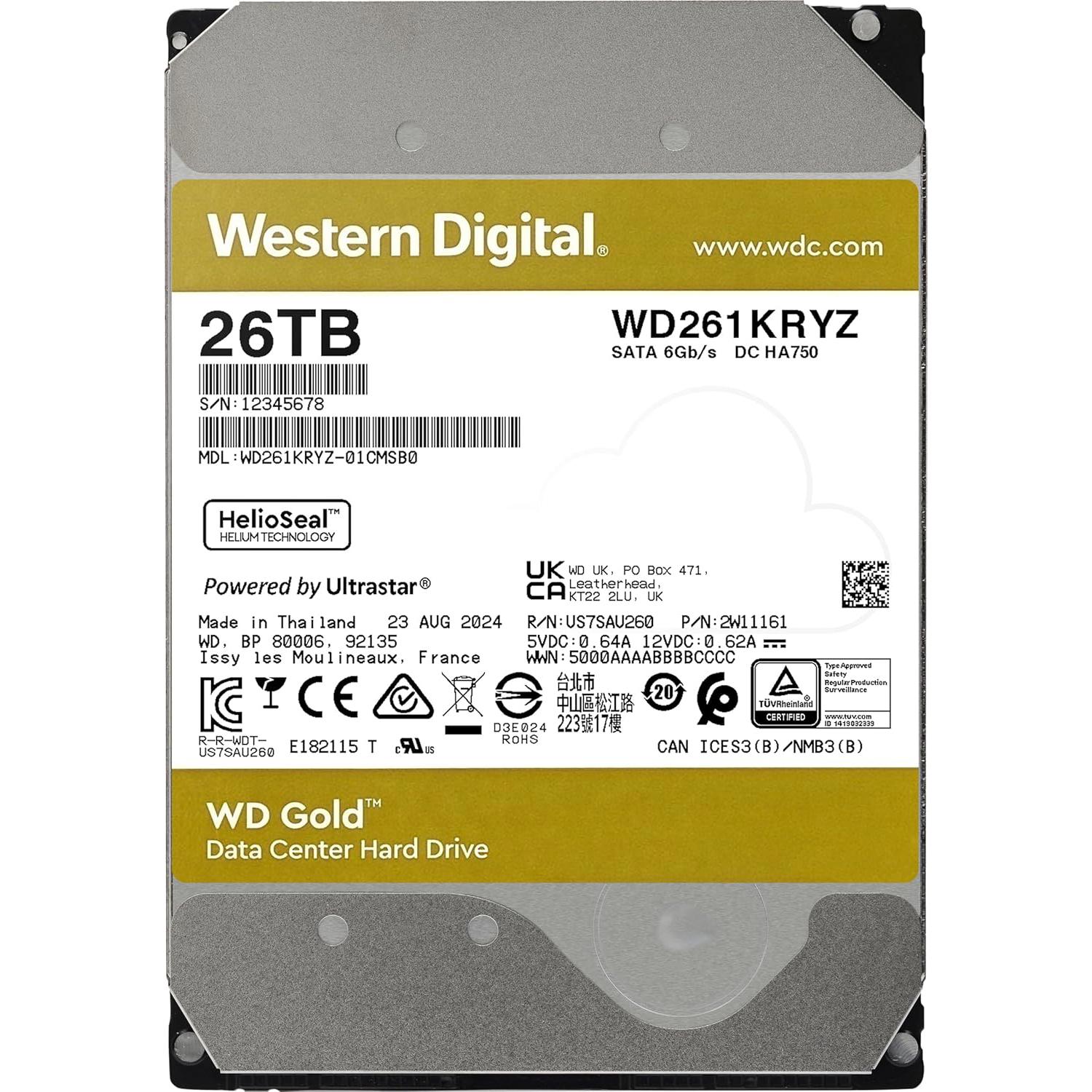 A large main feature product image of WD Gold 3.5" Enterprise Class HDD - 26TB 512MB