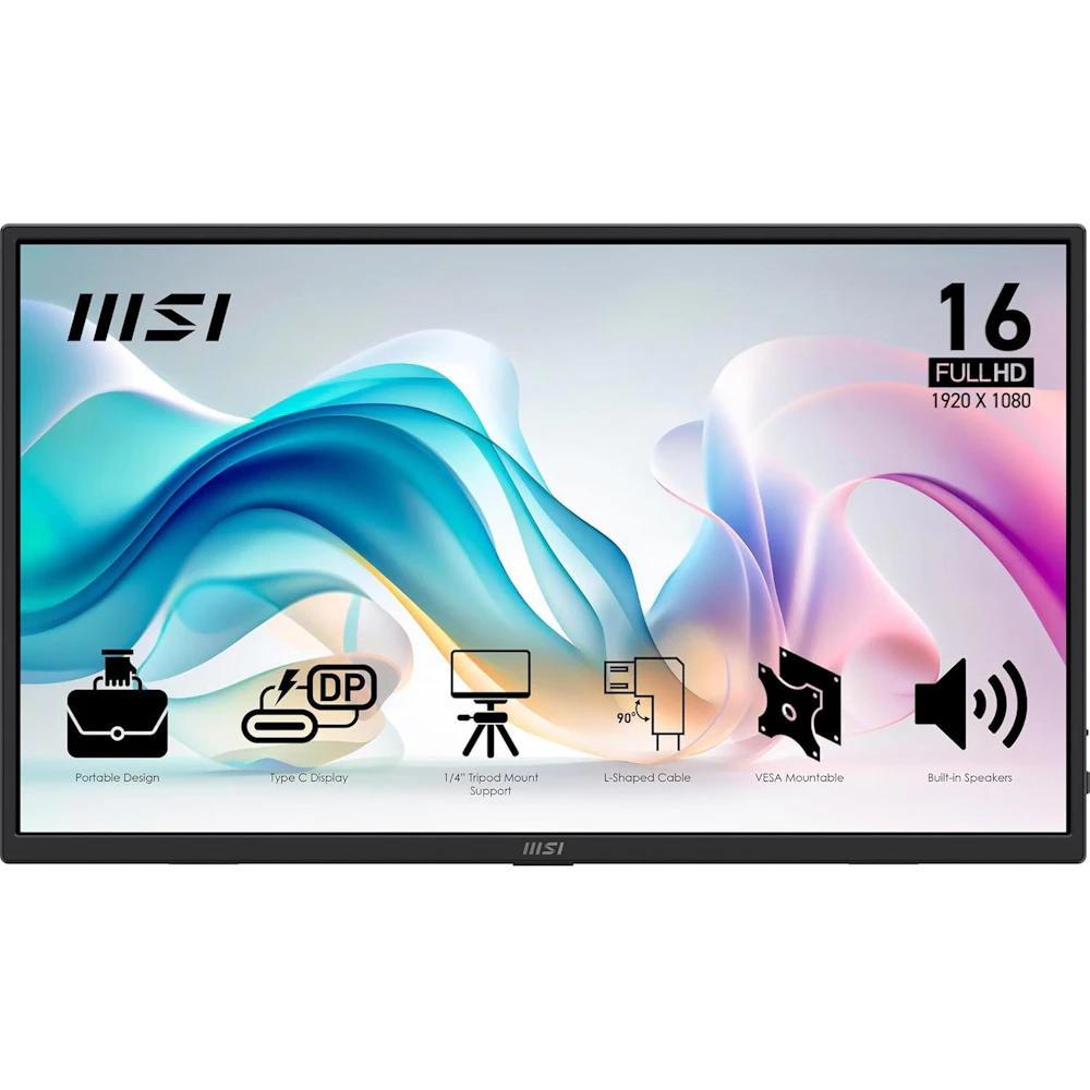 A large main feature product image of MSI PRO MP165 E6 - 15.6" 1080p 60Hz IPS USB Type-C Portable Monitor