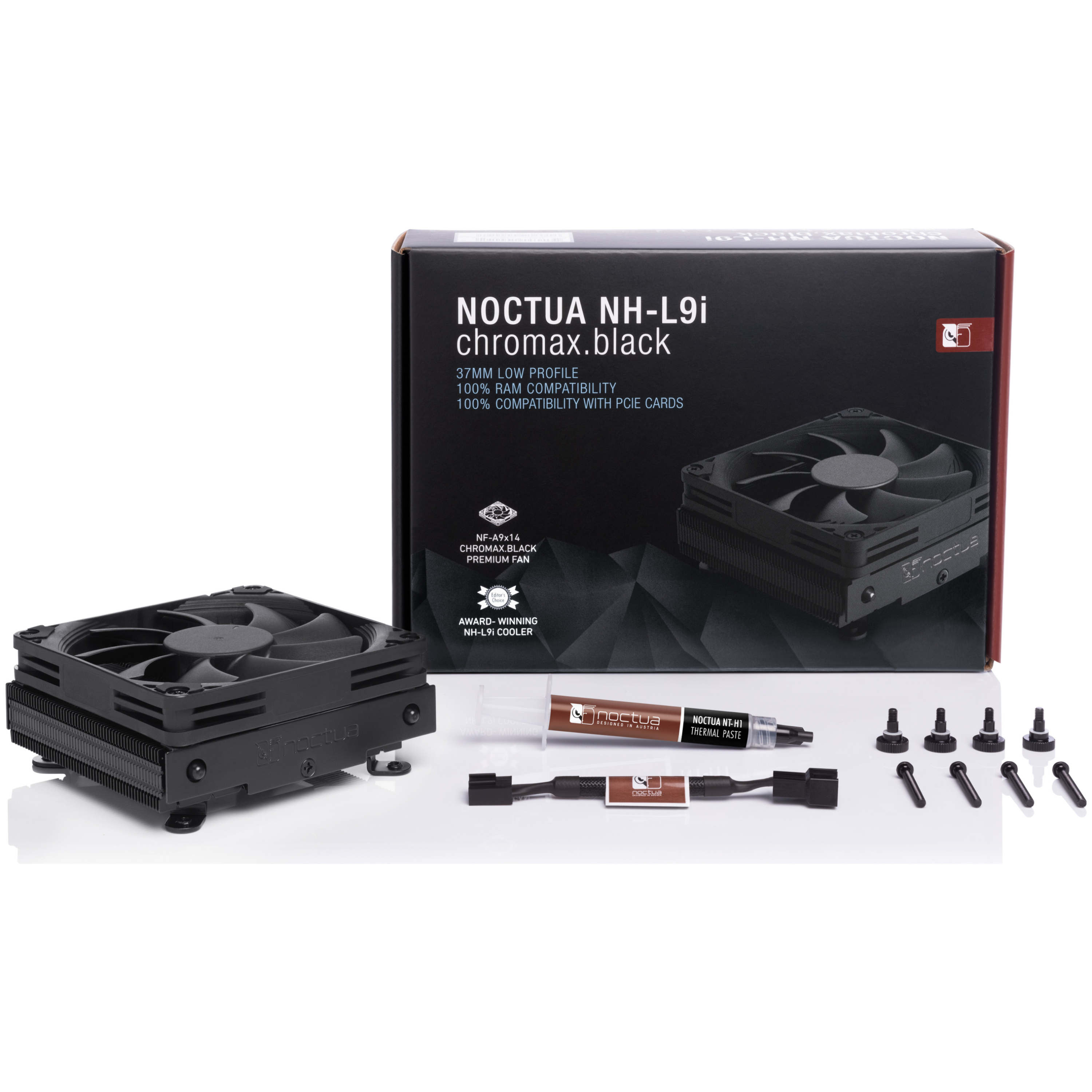 A large main feature product image of EX-DEMO Noctua NH-L9i Chromax Black - Low Profile CPU Cooler