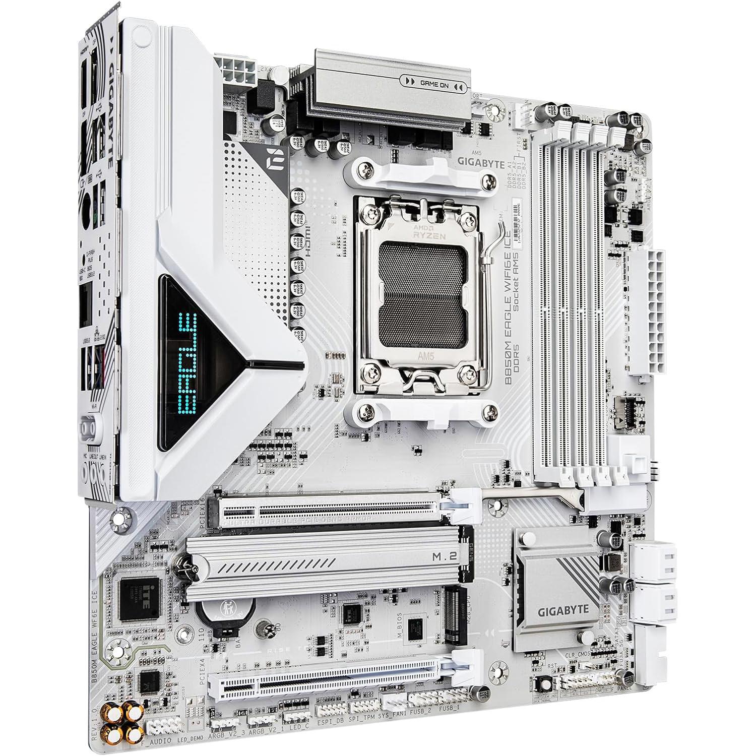 A large main feature product image of Gigabyte B850M EAGLE WF6E ICE AM5 mATX Desktop Motherboard