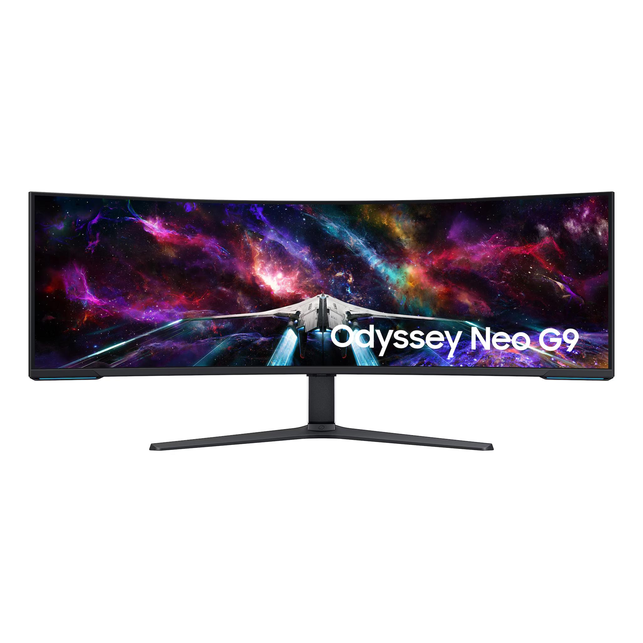 A large main feature product image of Samsung Odyssey Neo G9 QLED - Curved 57" DUHD 7680 x 2160 240Hz 1ms VA Gaming Monitor