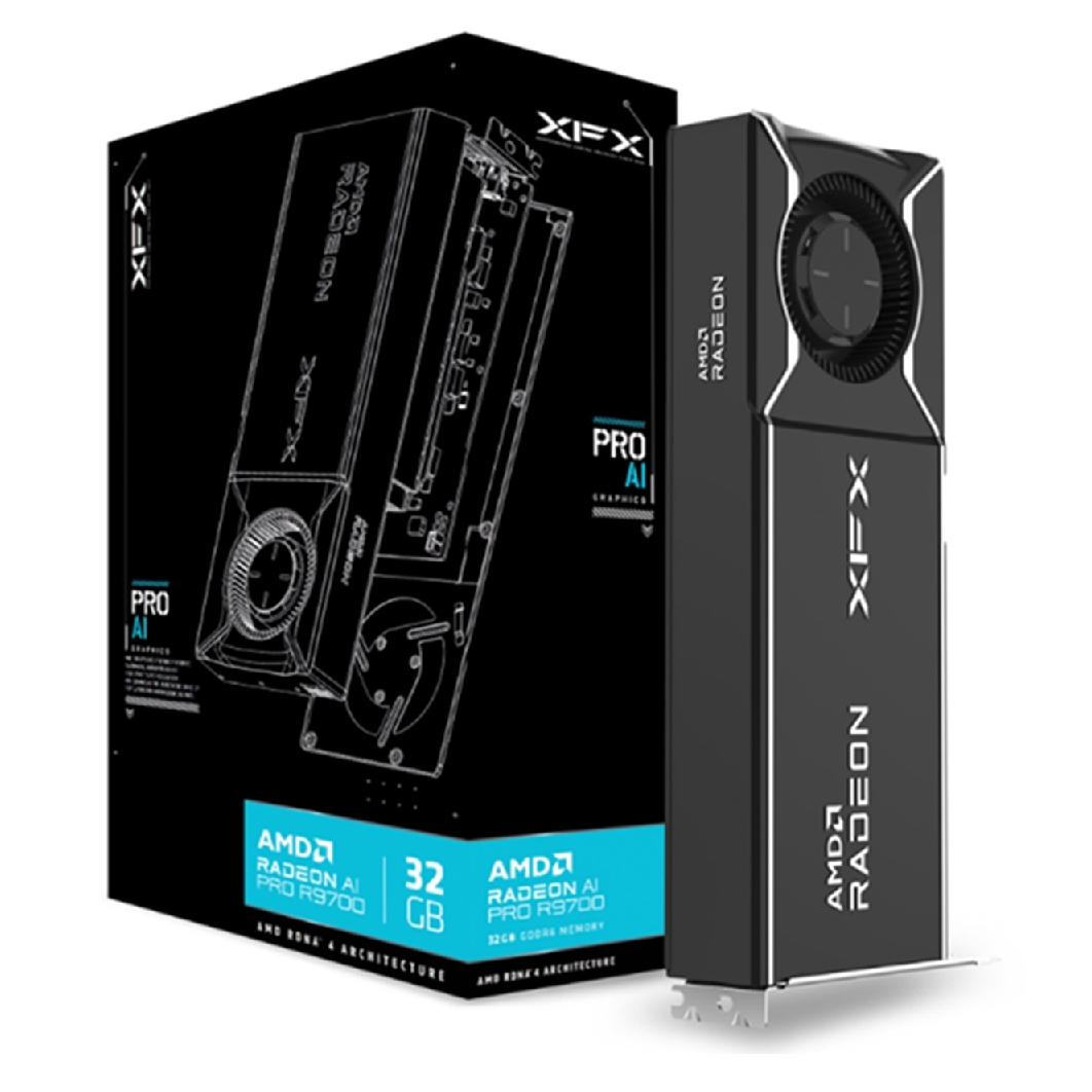 A large main feature product image of XFX Radeon AI Pro R9700 Blower 32GB GDDR6