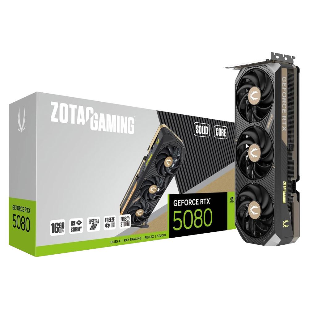 A large main feature product image of ZOTAC Gaming GeForce RTX 5080 Solid Core 16GB GDDR7