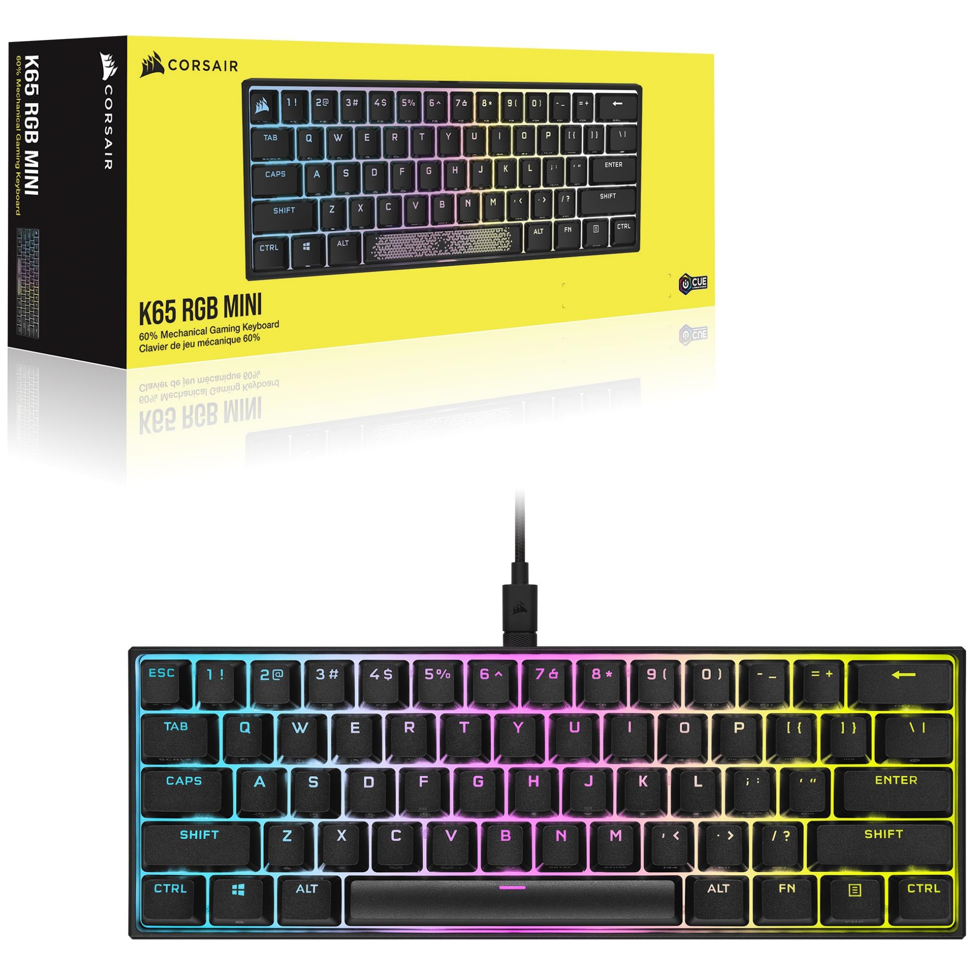 A large main feature product image of EX-DEMO Corsair K65 RGB MINI 60% Mechanical Gaming Keyboard - Black (MX Speed)