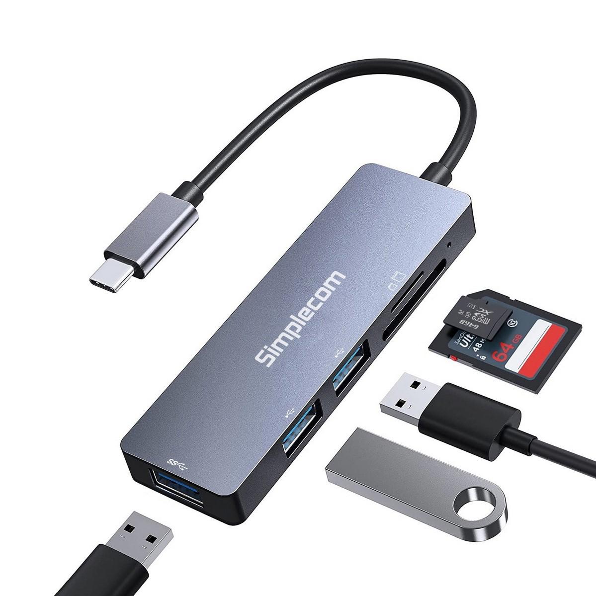 A large main feature product image of Simplecom CH255 USB-C 5-in-1 Multiport Adapter 3-Port USB-A Hub with SD MicroSD Card Reader