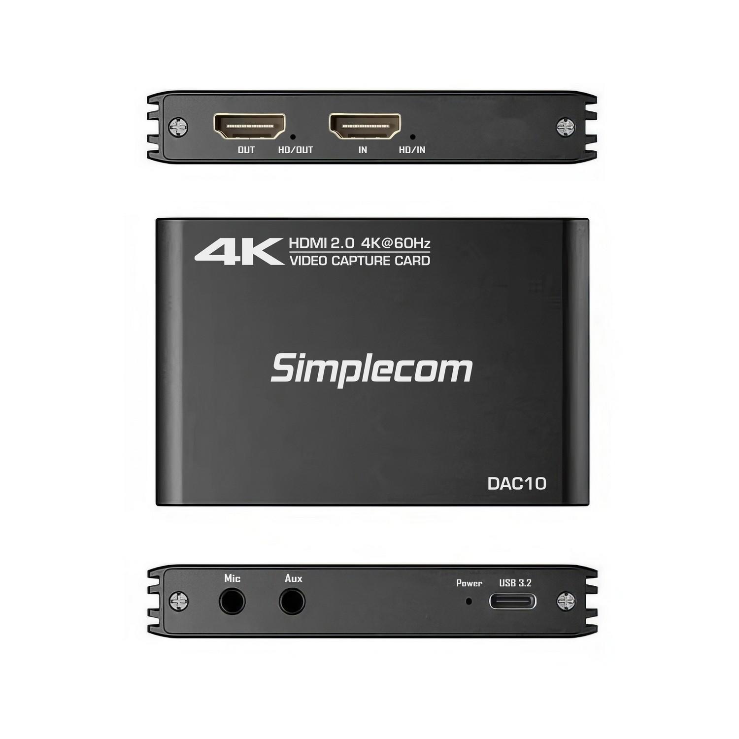 A large main feature product image of Simplecom DAC10 HDMI 2.0 to USB 4K@60hz Video Capture Card
