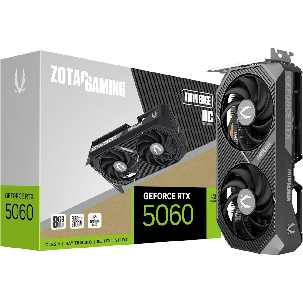 A large main feature product image of ZOTAC Gaming GeForce RTX 5060 Twin Edge OC 8GB GDDR7