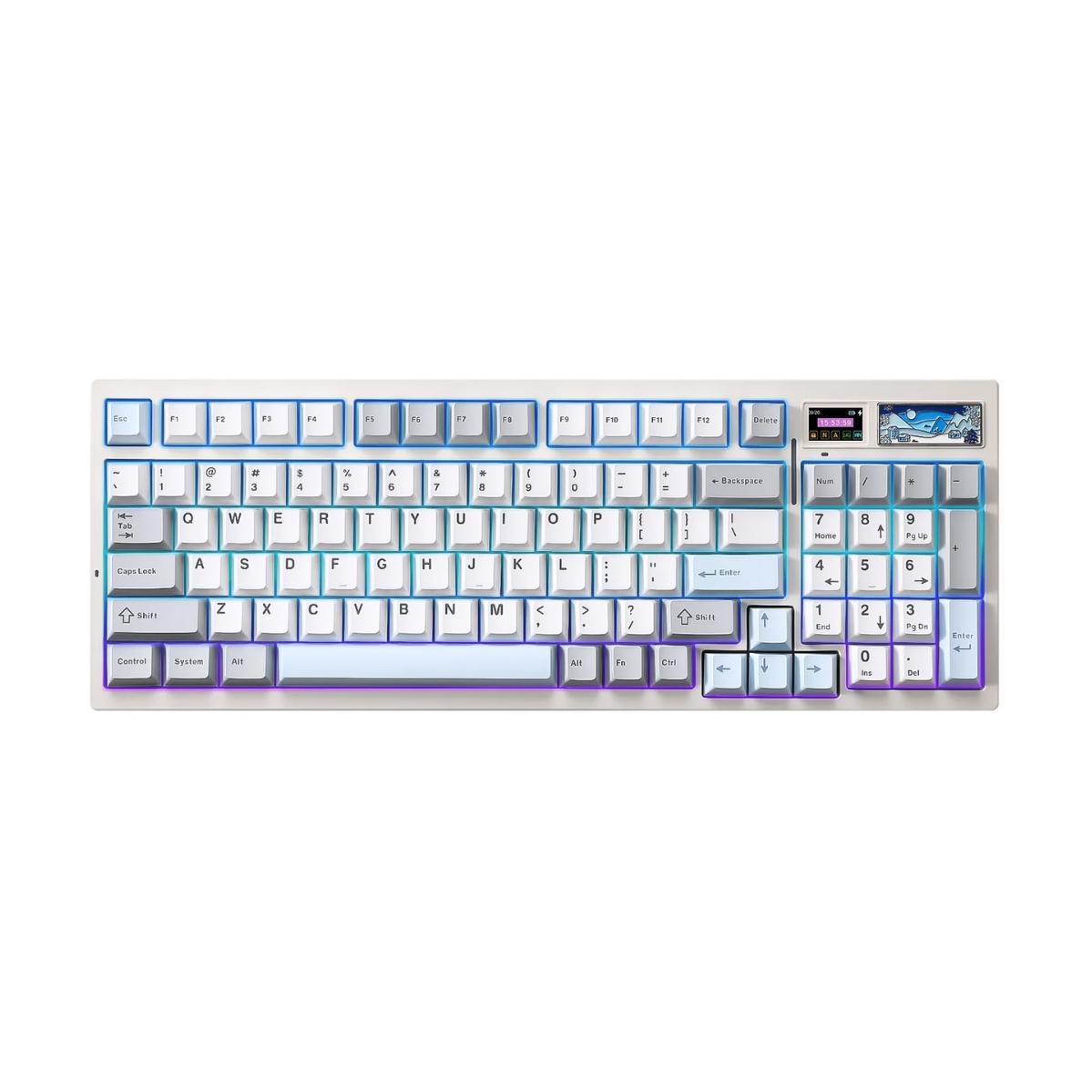 A large main feature product image of YUNZII IF99 QMK/VIA Full Size Wireless Mechanical Keyboard with LCD Screen - White (Cocoa Cream V2 Switch)