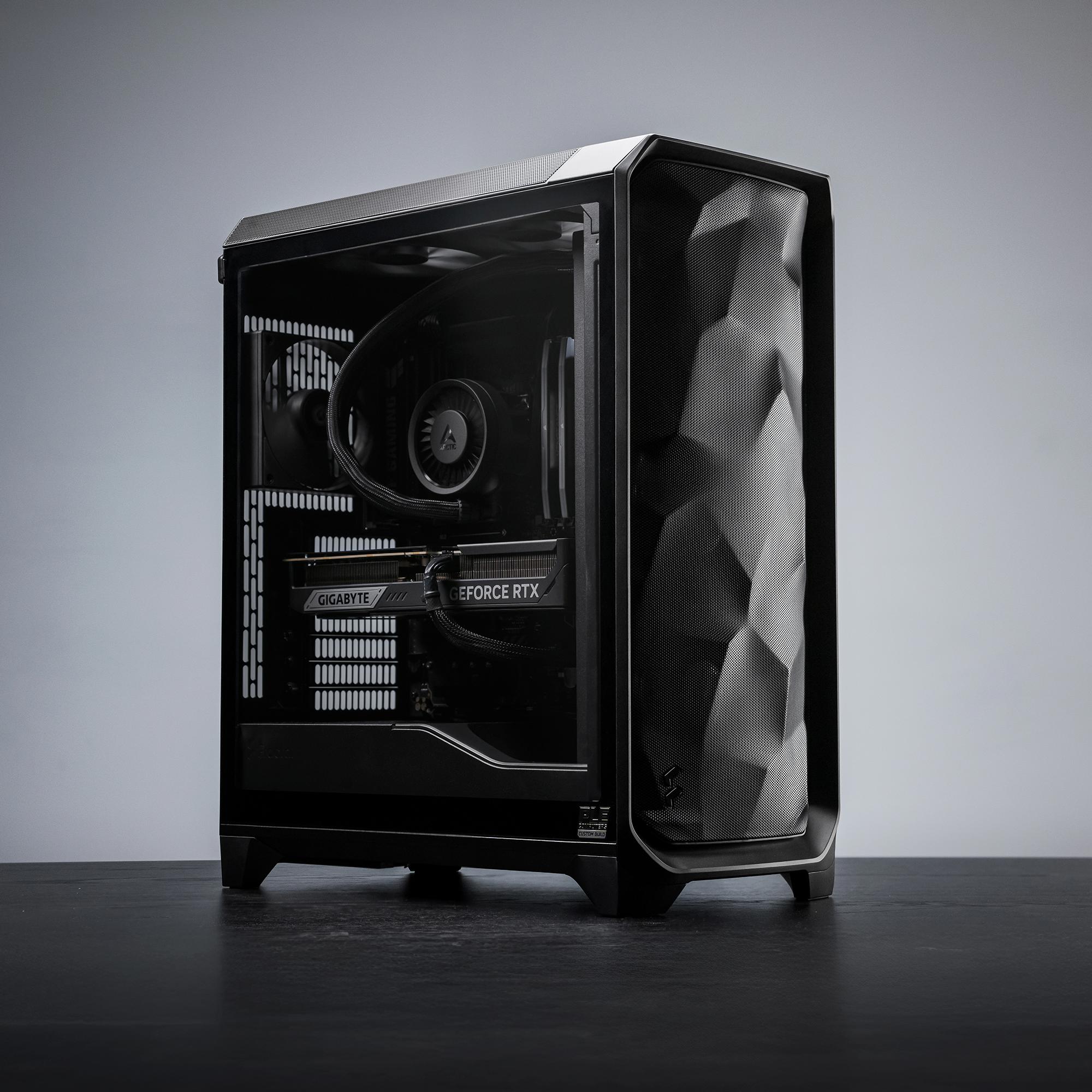 A large main feature product image of PLE Blackout RTX 5080 Prebuilt Ready to go Gaming PC