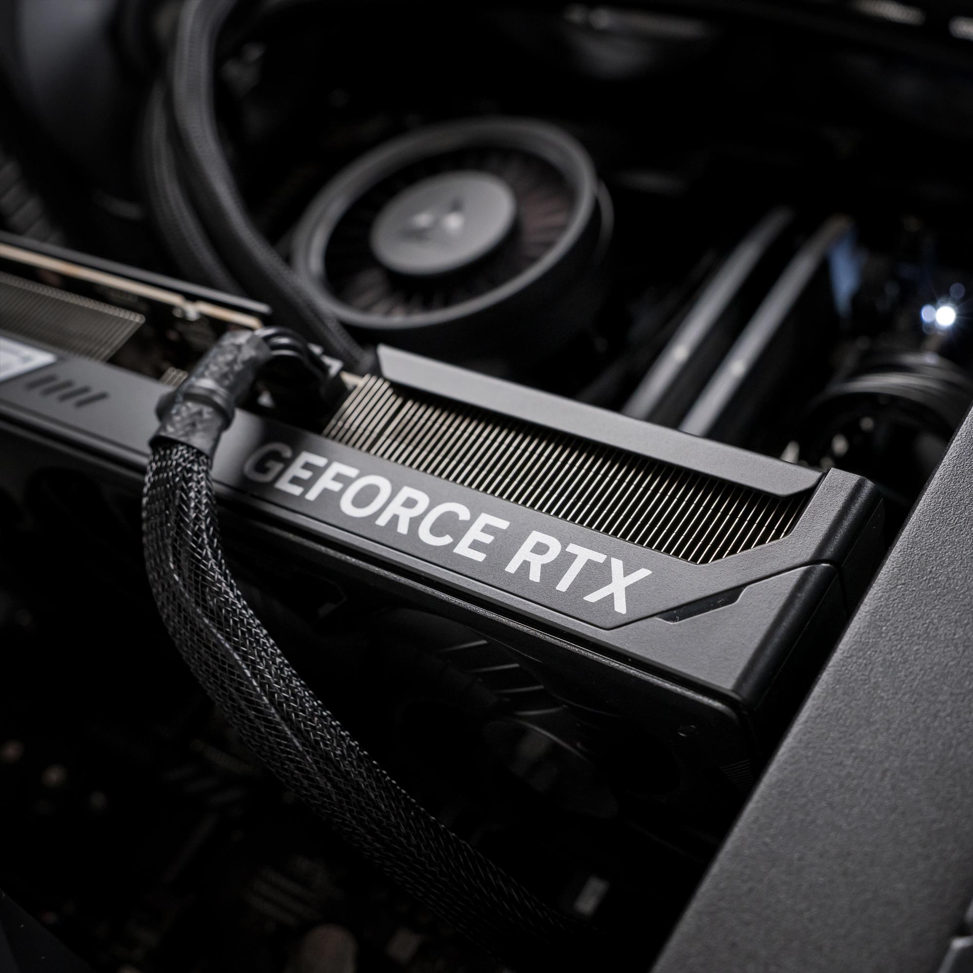 A large main feature product image of PLE Blackout RTX 5080 Prebuilt Ready to go Gaming PC