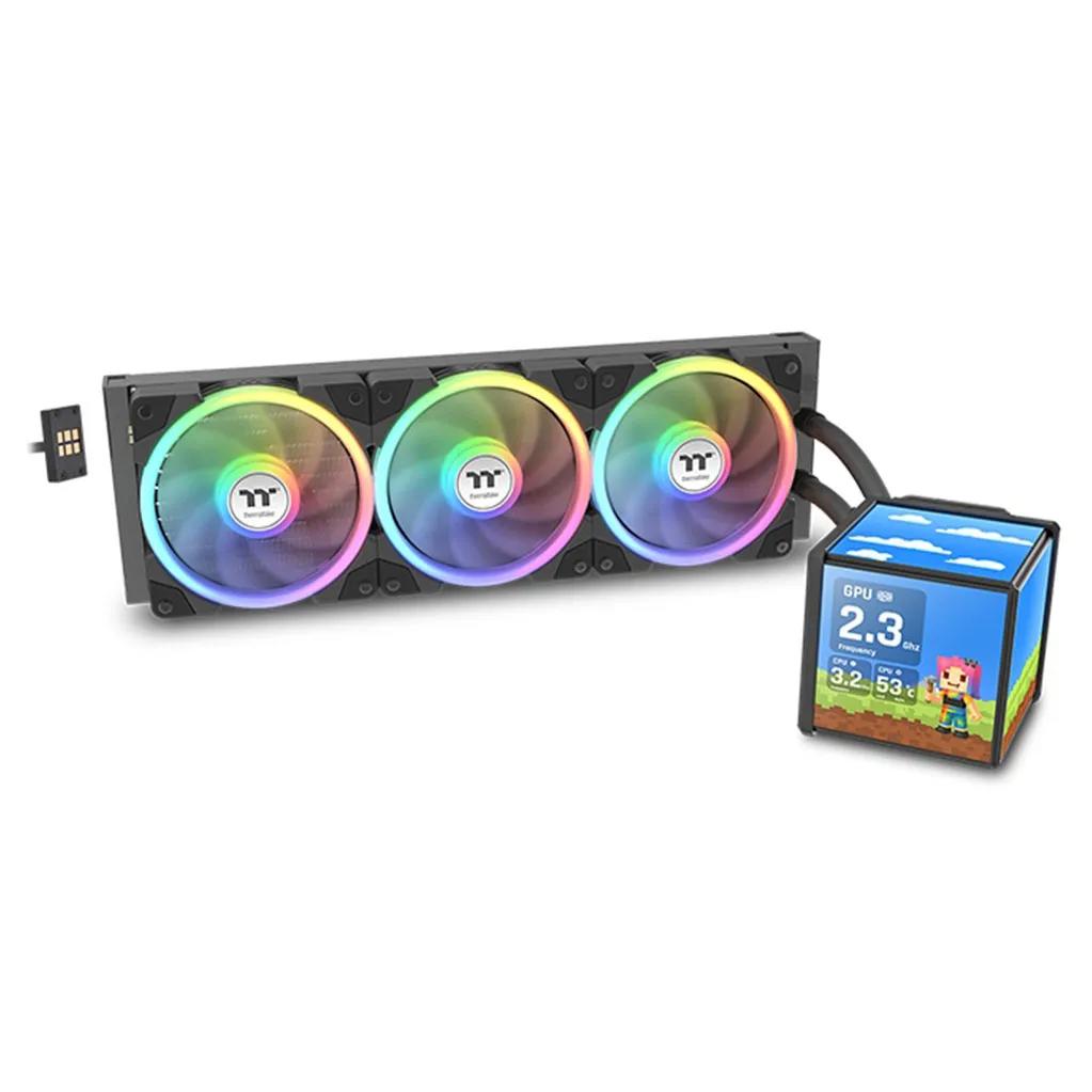 A large main feature product image of Thermaltake MINECUBE 360 Ultra ARGB AIO Liquid CPU Cooler - Black