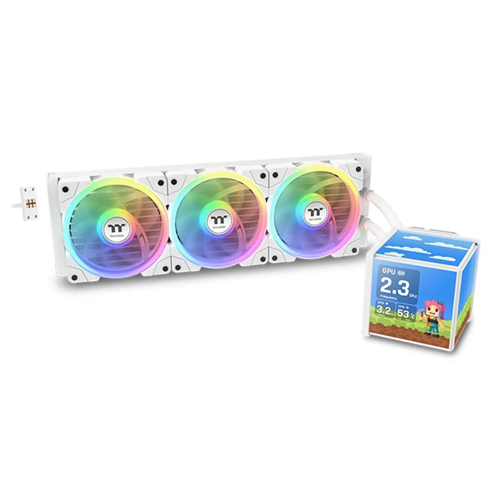 A large main feature product image of Thermaltake MINECUBE 360 Ultra ARGB AIO Liquid CPU Cooler - White