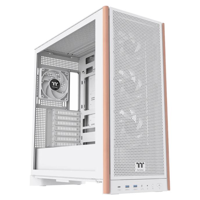 A large main feature product image of Thermaltake S370 WS Mesh Mid Tower Case Wood Edition - White
