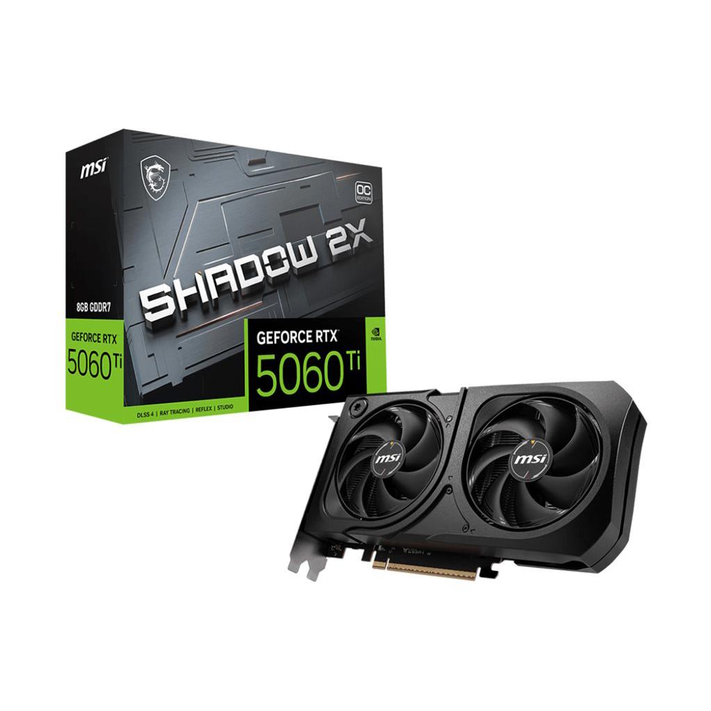 A large main feature product image of MSI GeForce RTX 5060 Ti Shadow 2X OC PLUS 8GB GDDR7
