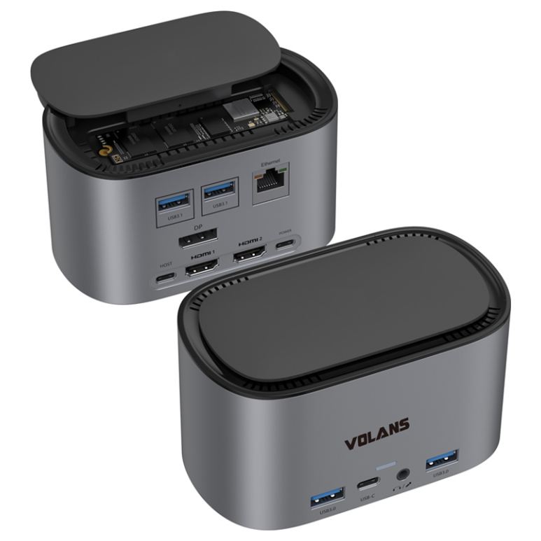 A large main feature product image of EX-DEMO Volans Aluminium 12-in-1 Triple Display USB Type-C Docking Station