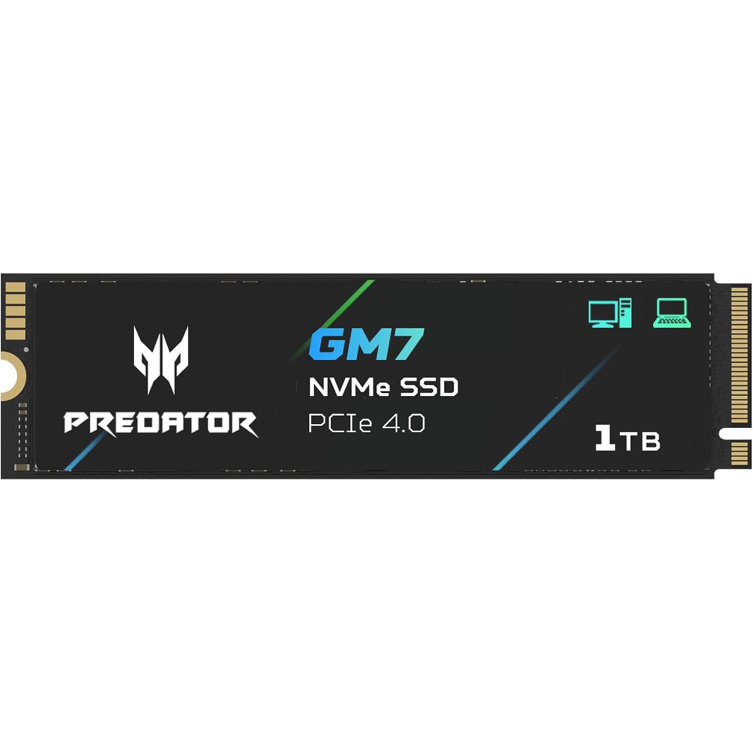 A large main feature product image of Predator GM7 PCIe Gen4 NVMe M.2 SSD - 1TB