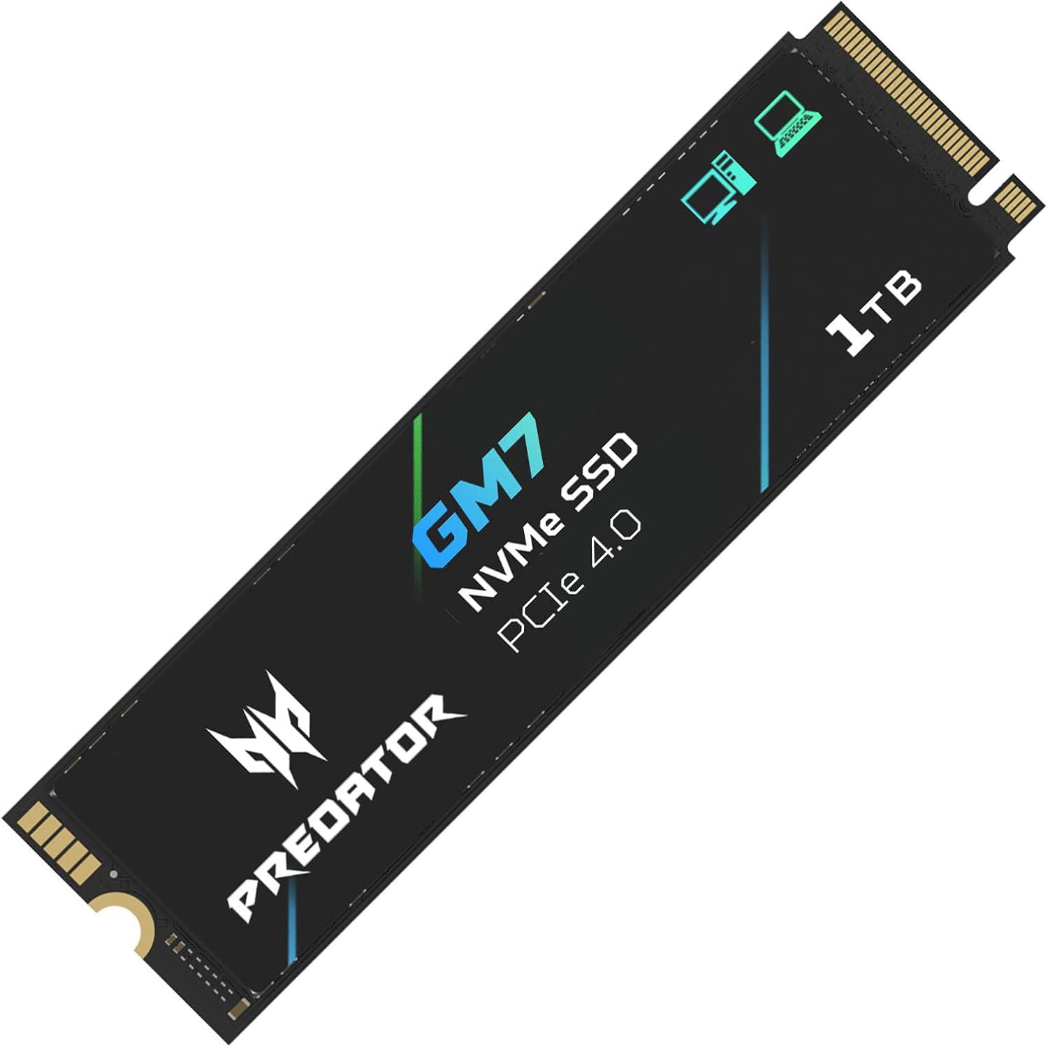 A large main feature product image of Predator GM7 PCIe Gen4 NVMe M.2 SSD - 1TB
