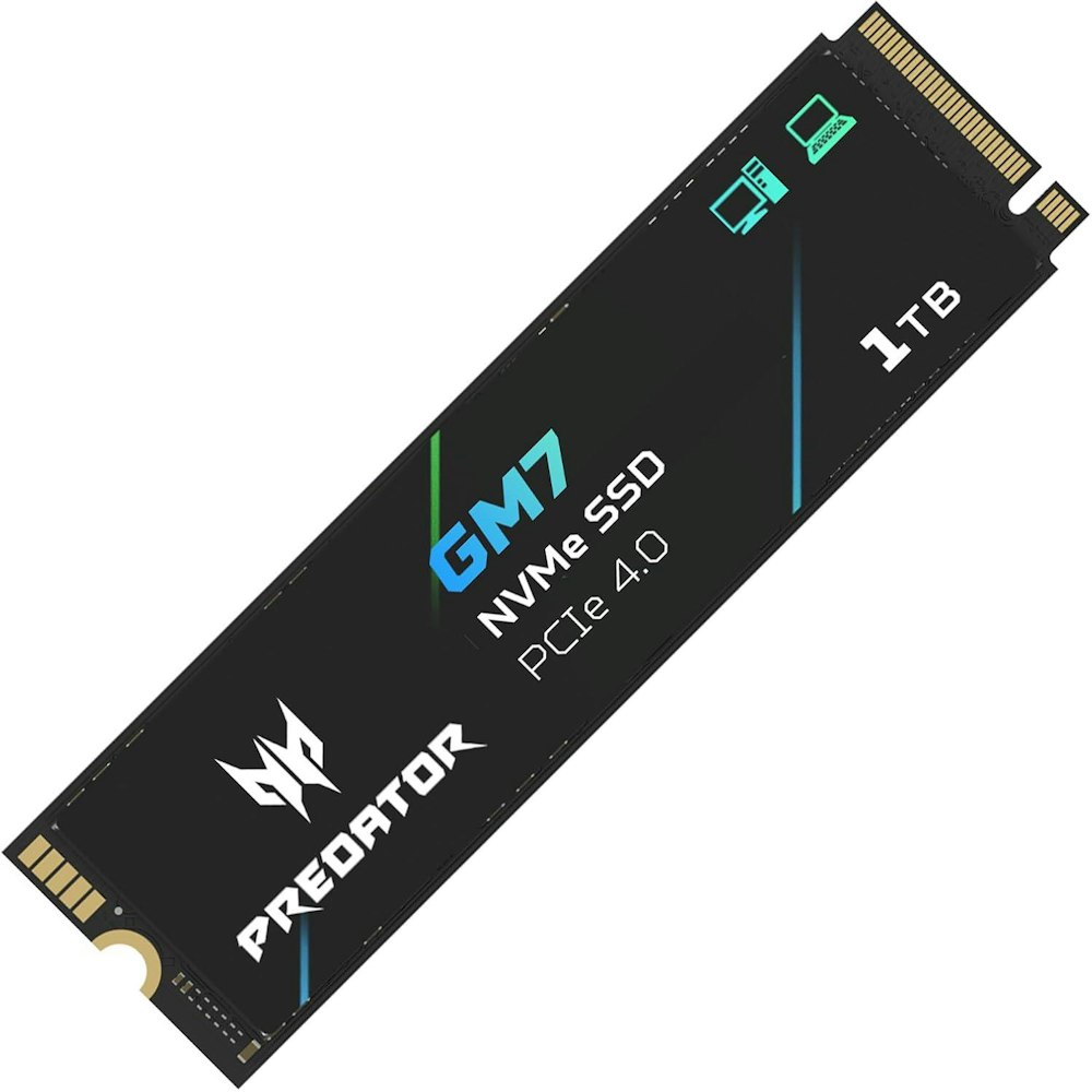 A large main feature product image of Predator GM7 PCIe Gen4 NVMe M.2 SSD - 1TB