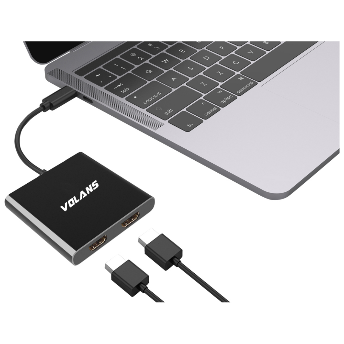 A large main feature product image of EX-DEMO Volans Aluminium USB Type-C to Dual HDMI 2.0 Adapter – 4K@60Hz