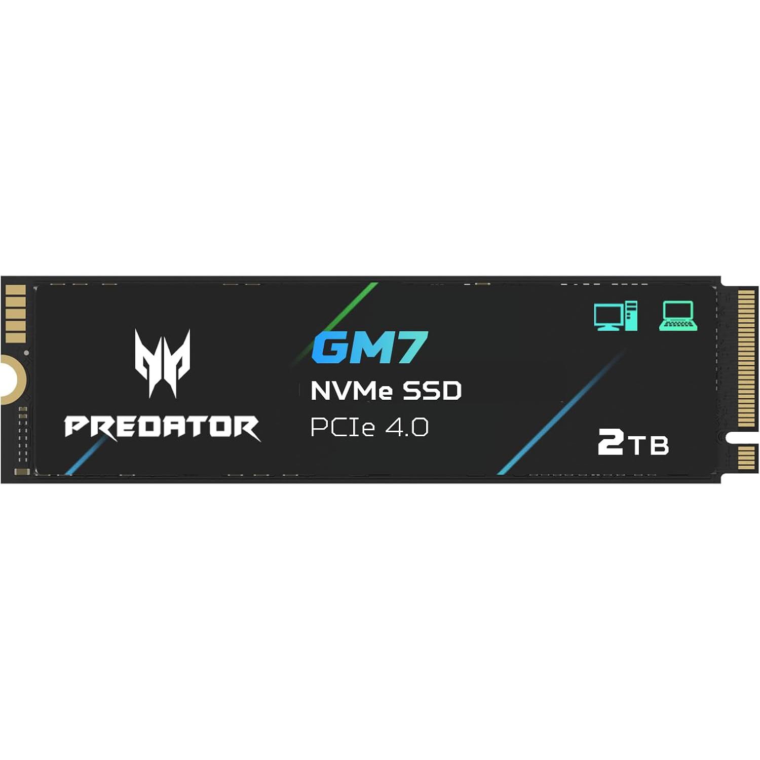A large main feature product image of Predator GM7 PCIe Gen4 NVMe M.2 SSD - 2TB