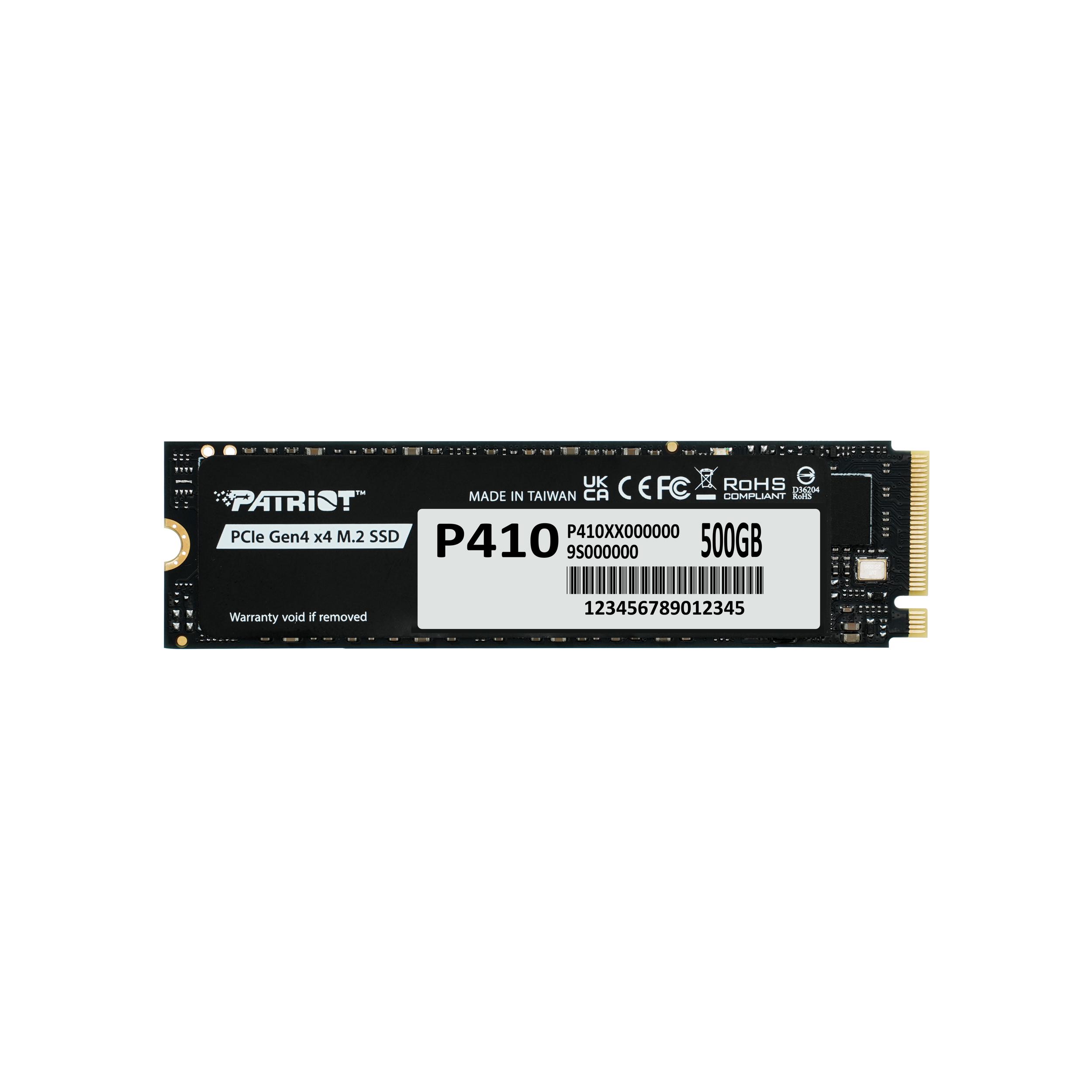 A large main feature product image of Patriot P410 PCIe Gen4 NVMe M.2 SSD - 500GB