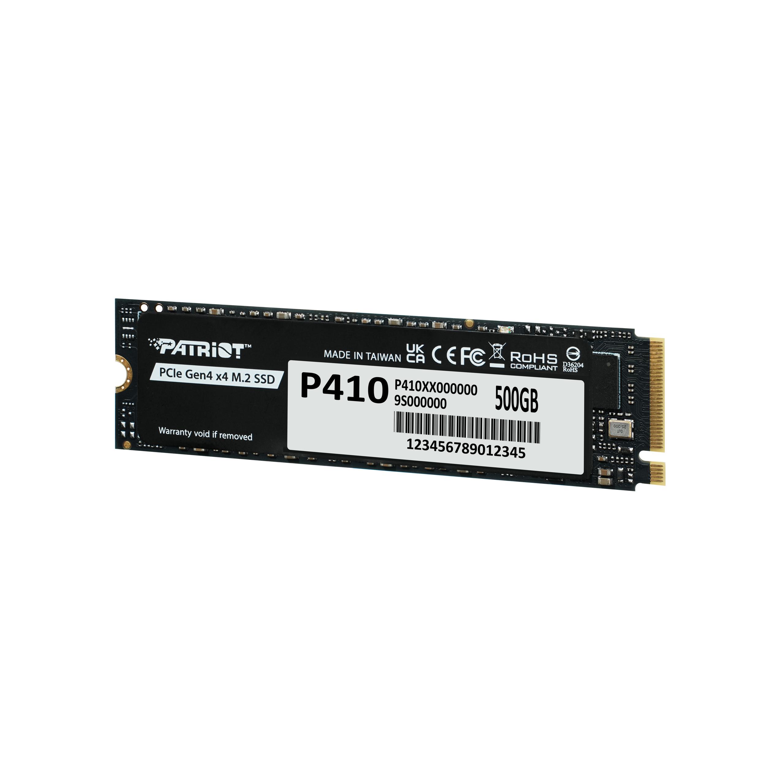 A large main feature product image of Patriot P410 PCIe Gen4 NVMe M.2 SSD - 500GB