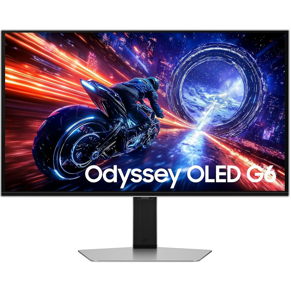 A large main feature product image of EX-DEMO Samsung Odyssey OLED G6 G60SF - 27" 1440p 500Hz 0.03ms Gaming Monitor