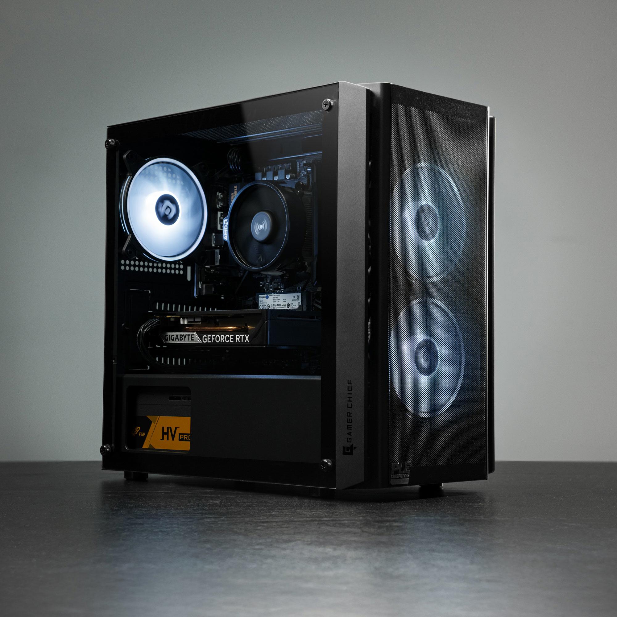 A large main feature product image of PLE Onyx RTX 5050 Prebuilt Ready To Go Gaming PC
