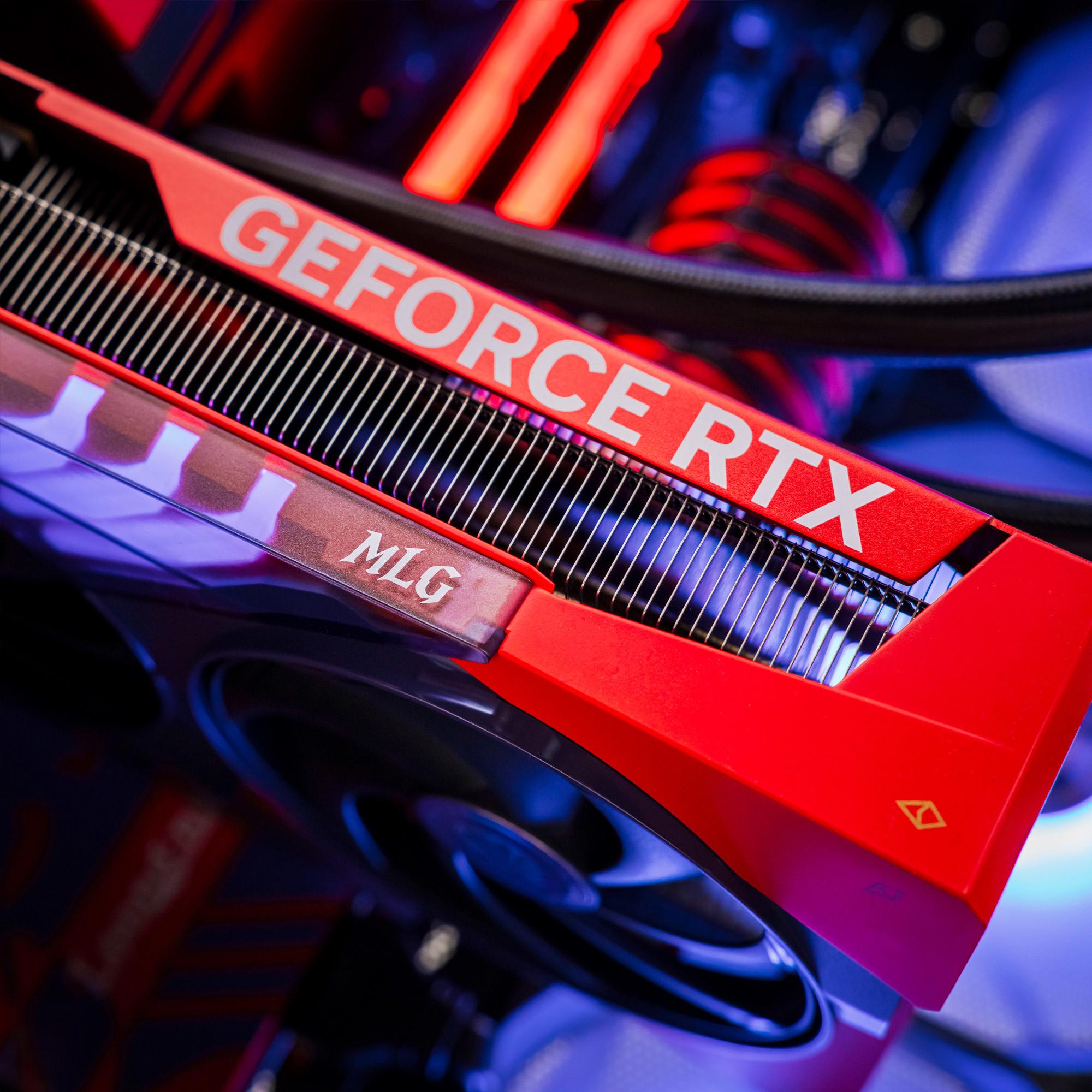 A large main feature product image of PLE MLG RTX 5070 Ti Prebuilt Ready To Go Gaming PC