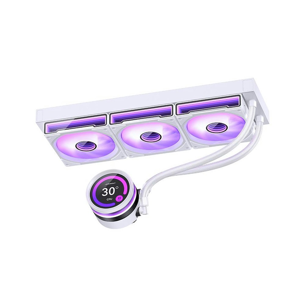 A large main feature product image of EX-DEMO Jonsbo TF2-360SC 360mm AIO CPU Liquid Cooler with 2.1" LCD Display - White