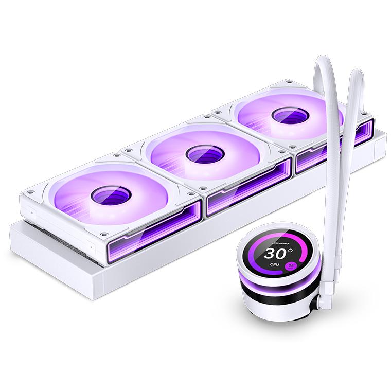 A large main feature product image of EX-DEMO Jonsbo TF2-360SC 360mm AIO CPU Liquid Cooler with 2.1" LCD Display - White