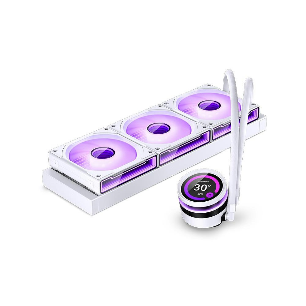 A large main feature product image of EX-DEMO Jonsbo TF2-360SC 360mm AIO CPU Liquid Cooler with 2.1" LCD Display - White