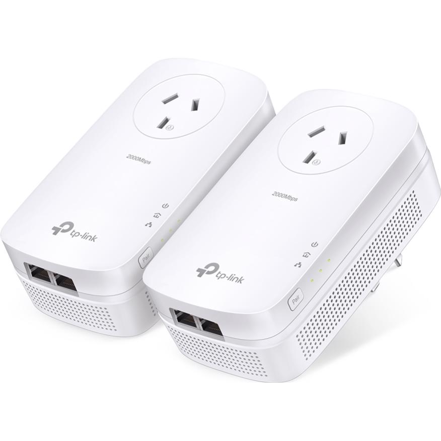 A large main feature product image of EX-DEMO TP-Link PA9020P KIT - AV2000 2-Port Gigabit Passthrough Powerline Starter Kit