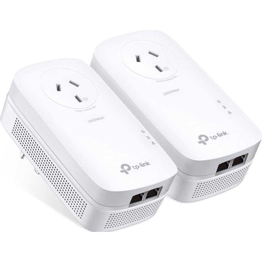 A large main feature product image of EX-DEMO TP-Link PA9020P KIT - AV2000 2-Port Gigabit Passthrough Powerline Starter Kit