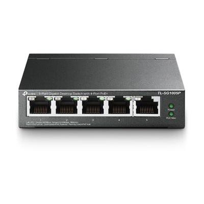 A large main feature product image of TP-Link SG1005P - 5-Port Gigabit Desktop Switch with 4-Port PoE