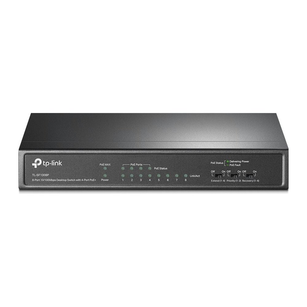 A large main feature product image of EX-DEMO TP-Link SF1008P - 8-Port 10/100Mbps Desktop Switch with 4-Port PoE