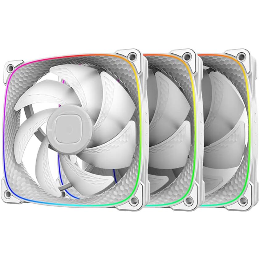 A large main feature product image of EX-DEMO Geometric Future Squama 2503 - 120mm ARGB PWM Fan 3-Pack (White)